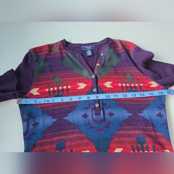 Chaps Aztec Print Womens Thermal Henley Tee S Purple - Picture 6 of 7